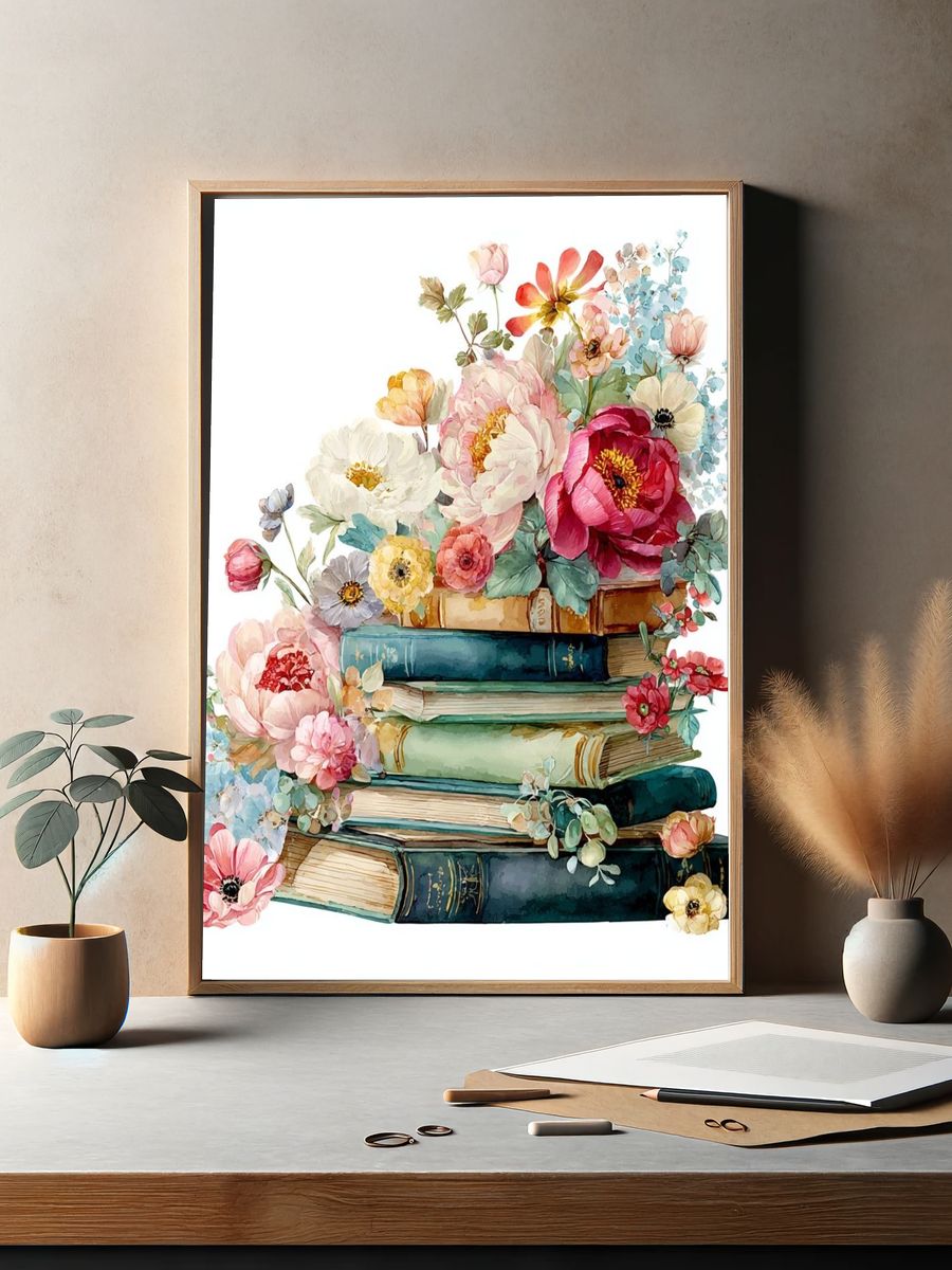 Floral Bookshelf — Watercolor Print. — room view 2