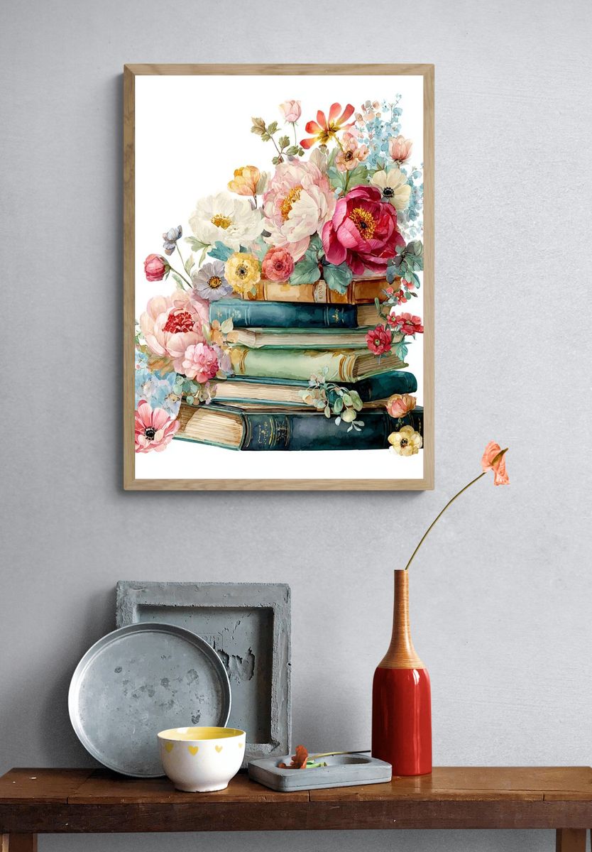 Floral Bookshelf — Watercolor Print. — room view 3