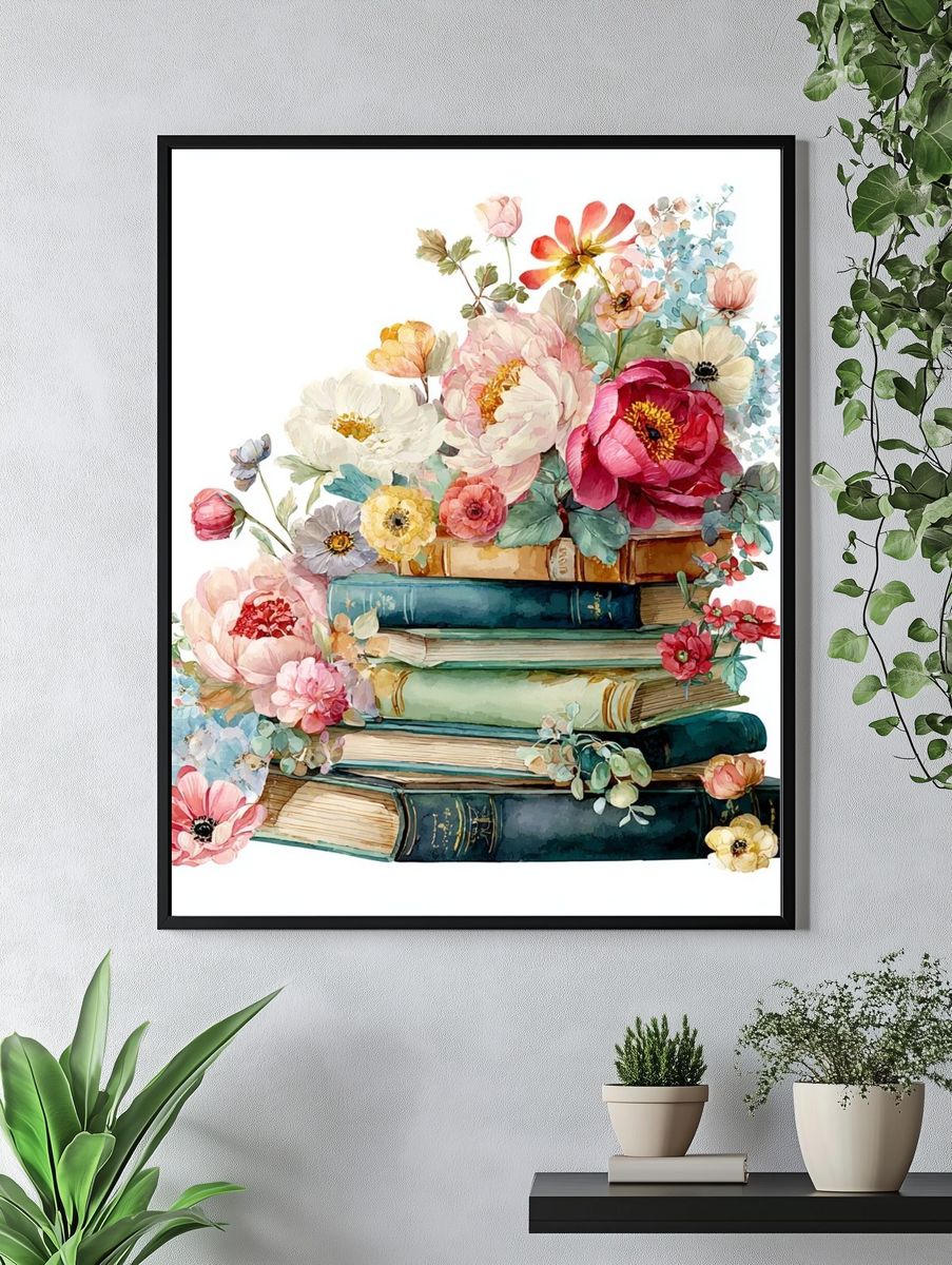 Floral Bookshelf — Watercolor Print. — room view 4