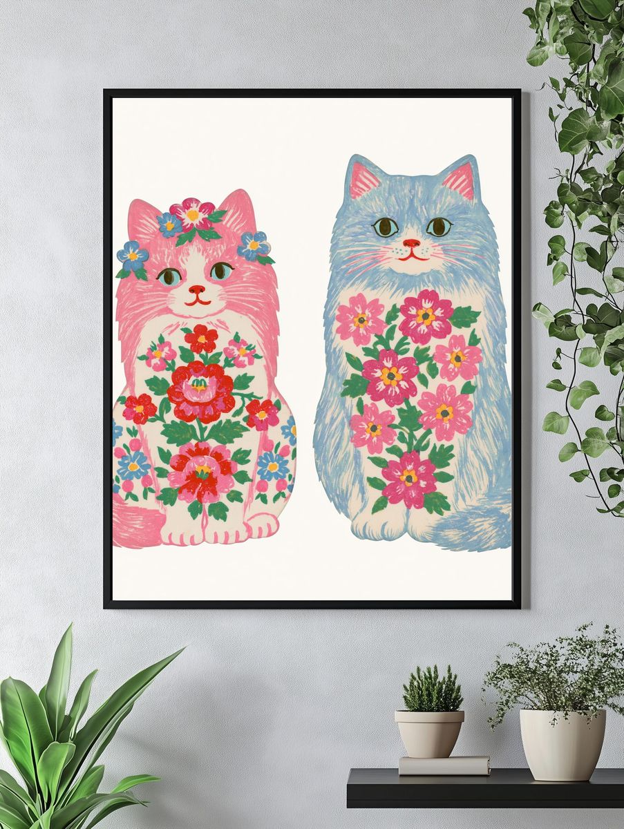 Floral Cats Illustration Poster. — room view 4