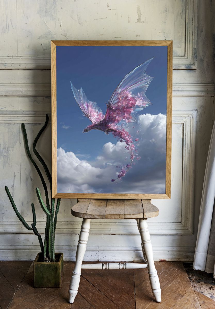 Floral Dragon in Flight — Digital Art Print. — room view 1