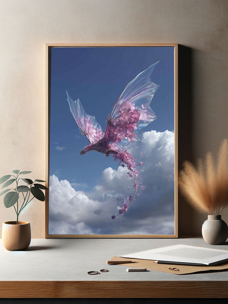 Floral Dragon in Flight — Digital Art Print. — room view 2