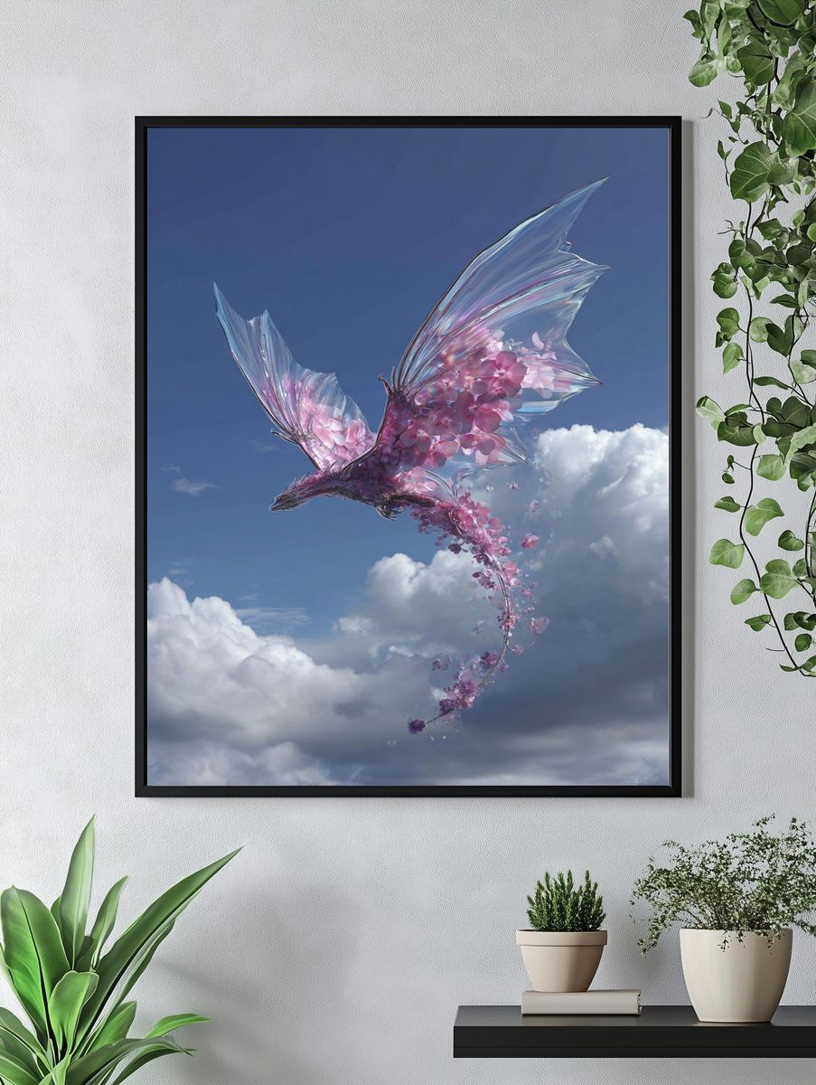 Floral Dragon in Flight — Digital Art Print. — room view 4