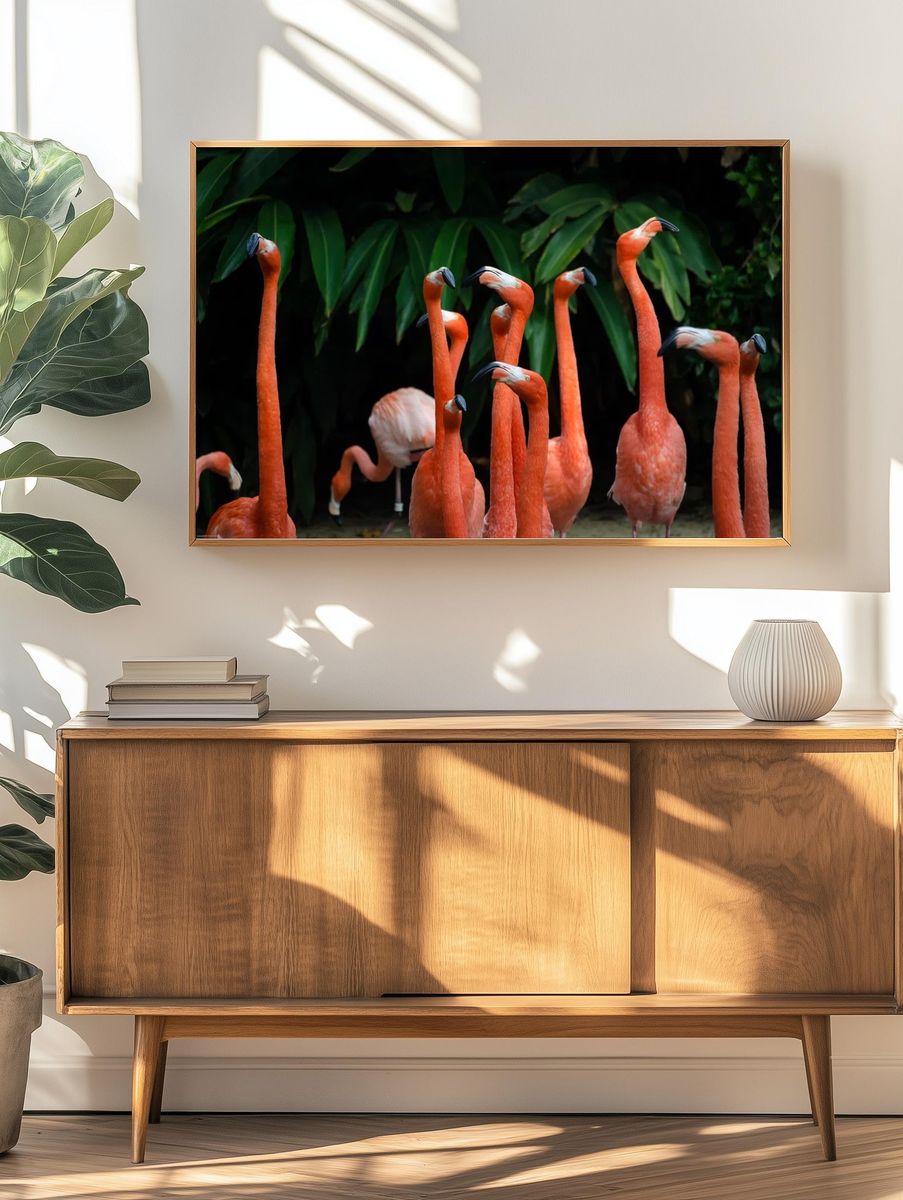 Flamingos in Tropical Paradise — Nature Print. — room view 3