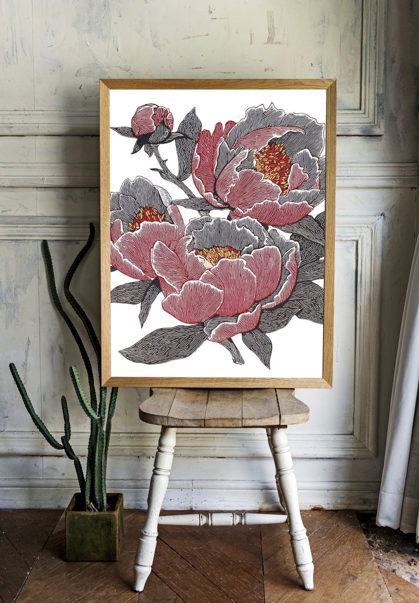 Peony Floral Illustration Poster. — room view 1