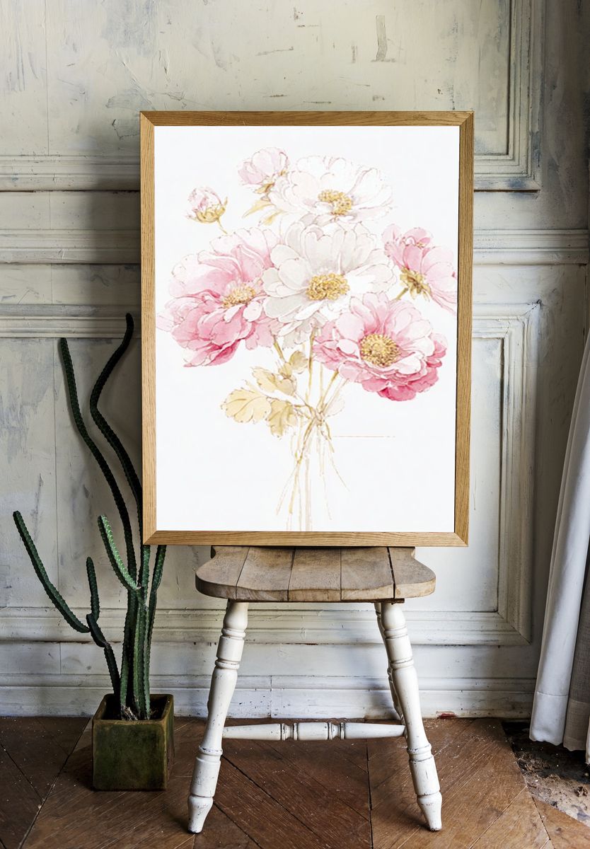 Pink and White Floral Watercolor Poster. — room view 1