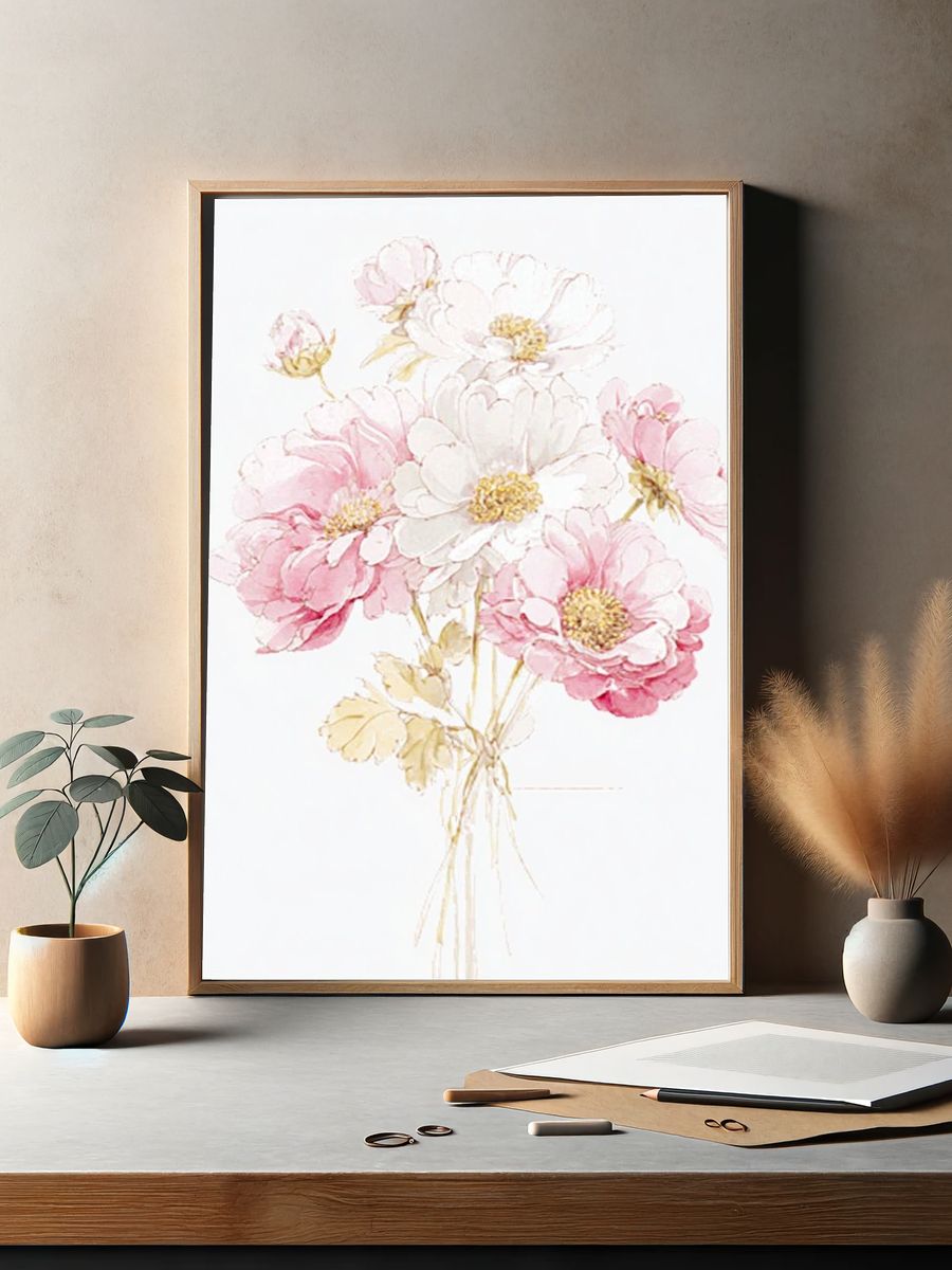Pink and White Floral Watercolor Poster. — room view 2