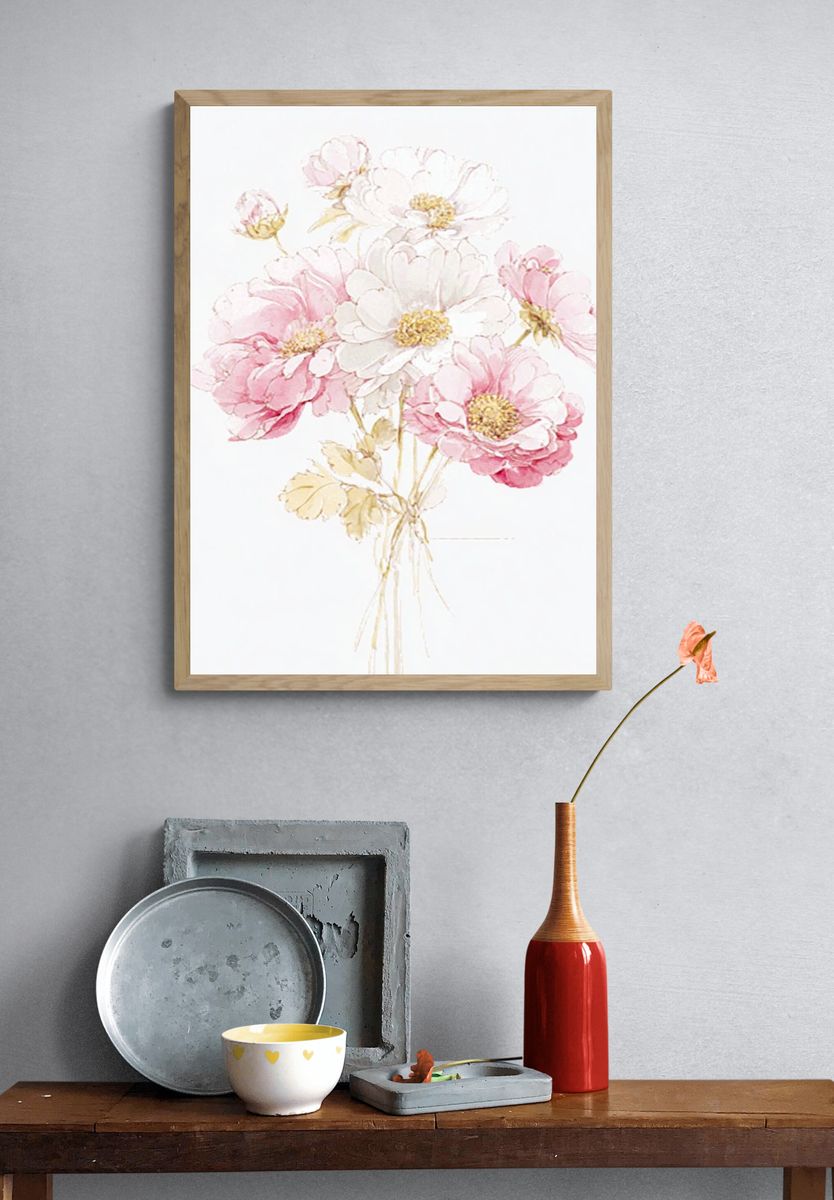 Pink and White Floral Watercolor Poster. — room view 3