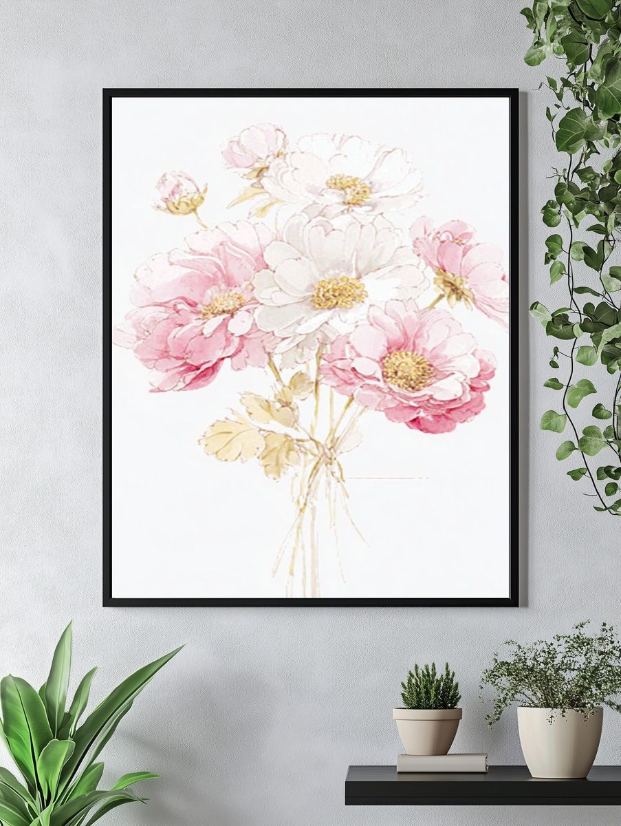 Pink and White Floral Watercolor Poster. — room view 4