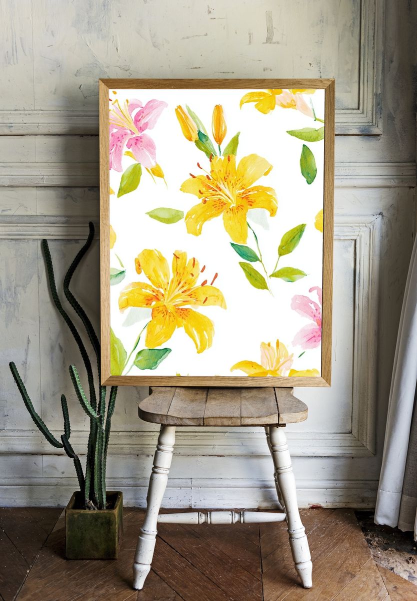 Yellow and Pink Floral Watercolor Poster. — room view 1