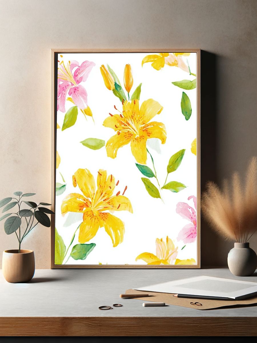 Yellow and Pink Floral Watercolor Poster. — room view 2