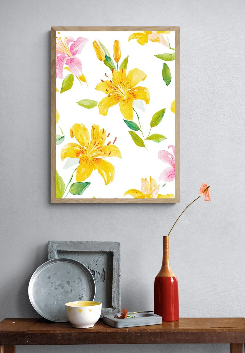 Yellow and Pink Floral Watercolor Poster. — room view 3