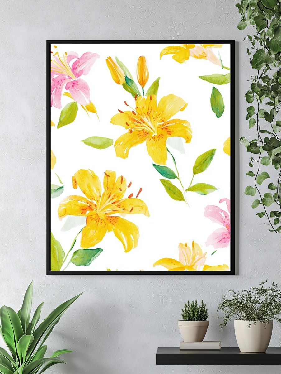 Yellow and Pink Floral Watercolor Poster. — room view 4