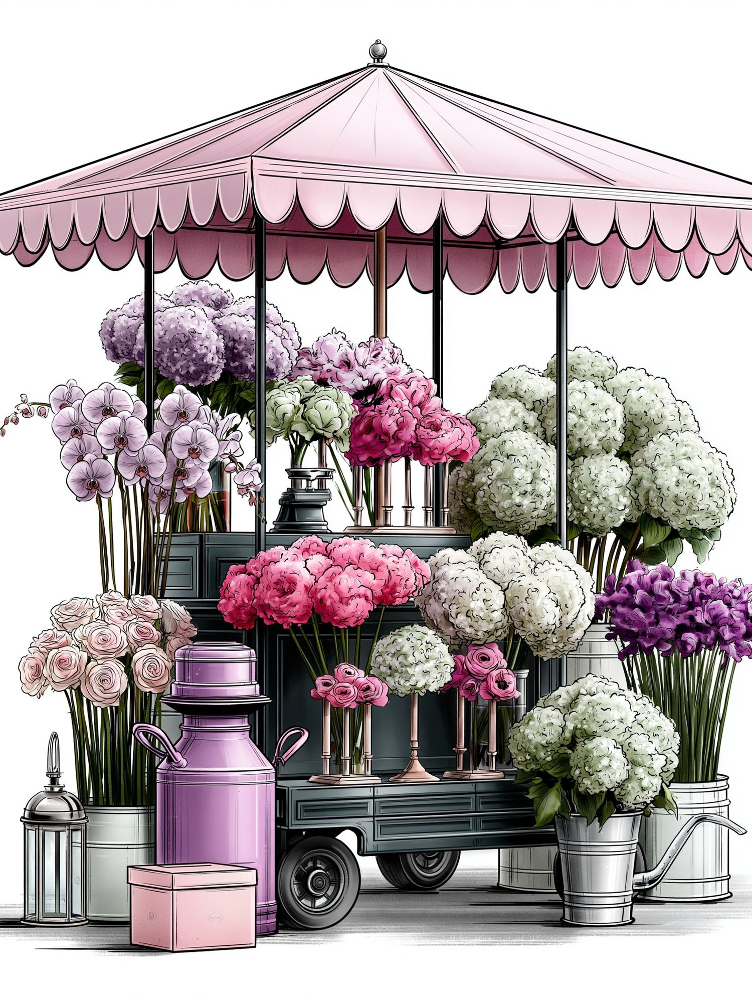 Flower Market Cart Illustration Poster. poster detail
