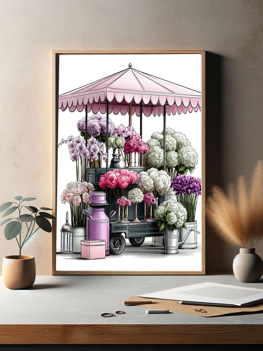 Flower Market Cart Illustration Poster. — room view 2
