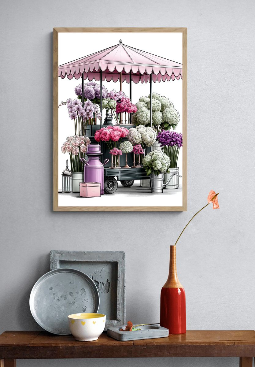 Flower Market Cart Illustration Poster. — room view 3