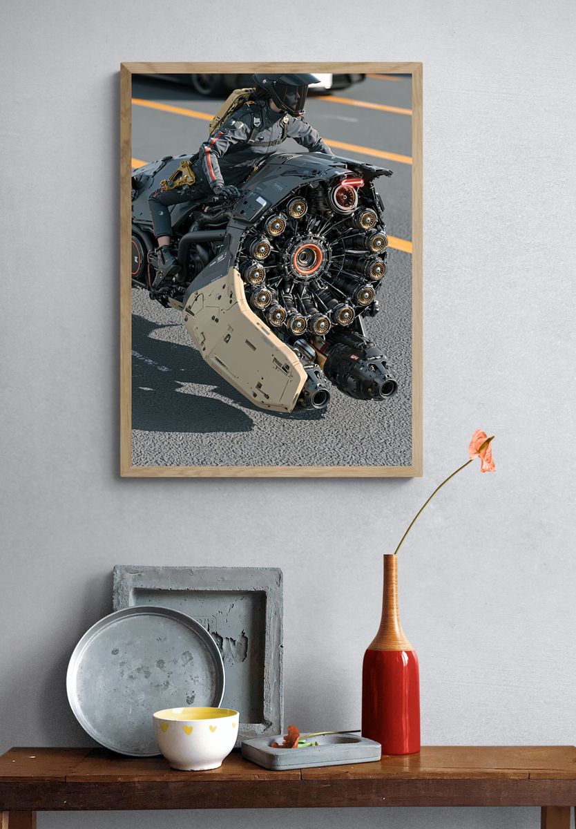 Futuristic Motorcycle Rider Poster. — room view 3