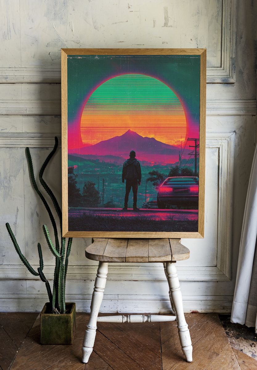 Neon Sunset Skyline Retro Print. — room view 1