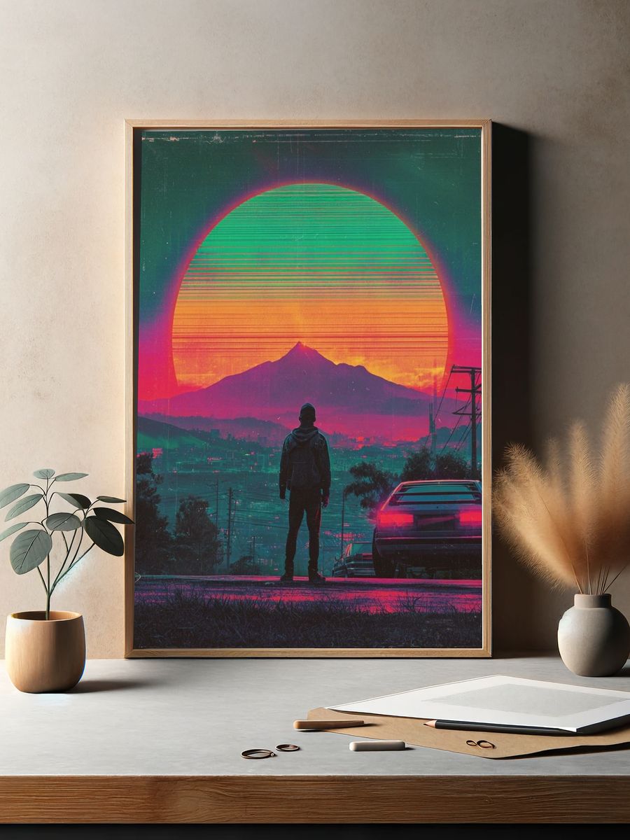 Neon Sunset Skyline Retro Print. — room view 2