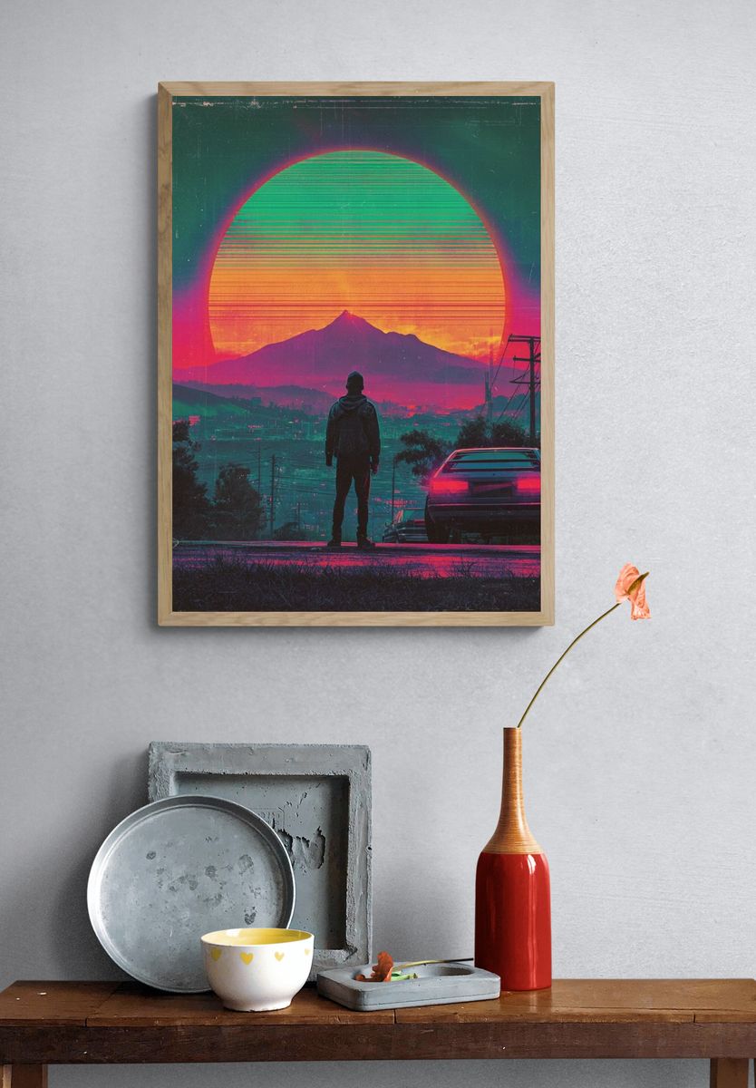 Neon Sunset Skyline Retro Print. — room view 3