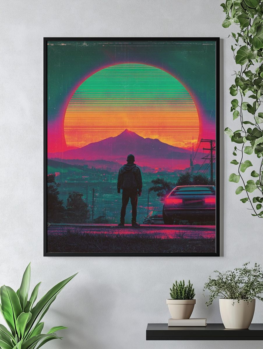 Neon Sunset Skyline Retro Print. — room view 4