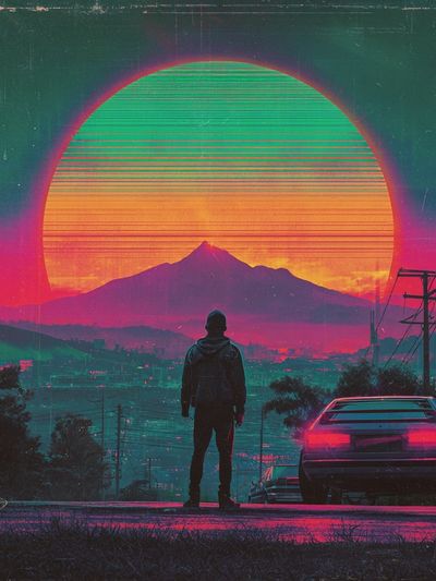Neon Sunset Skyline Retro Print. poster print