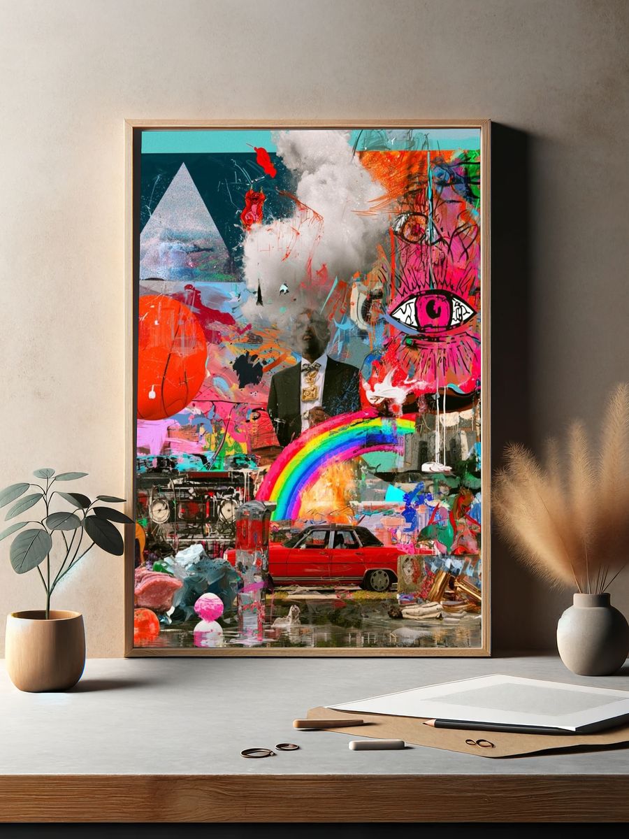 Surreal Neon Collage Poster. — room view 2
