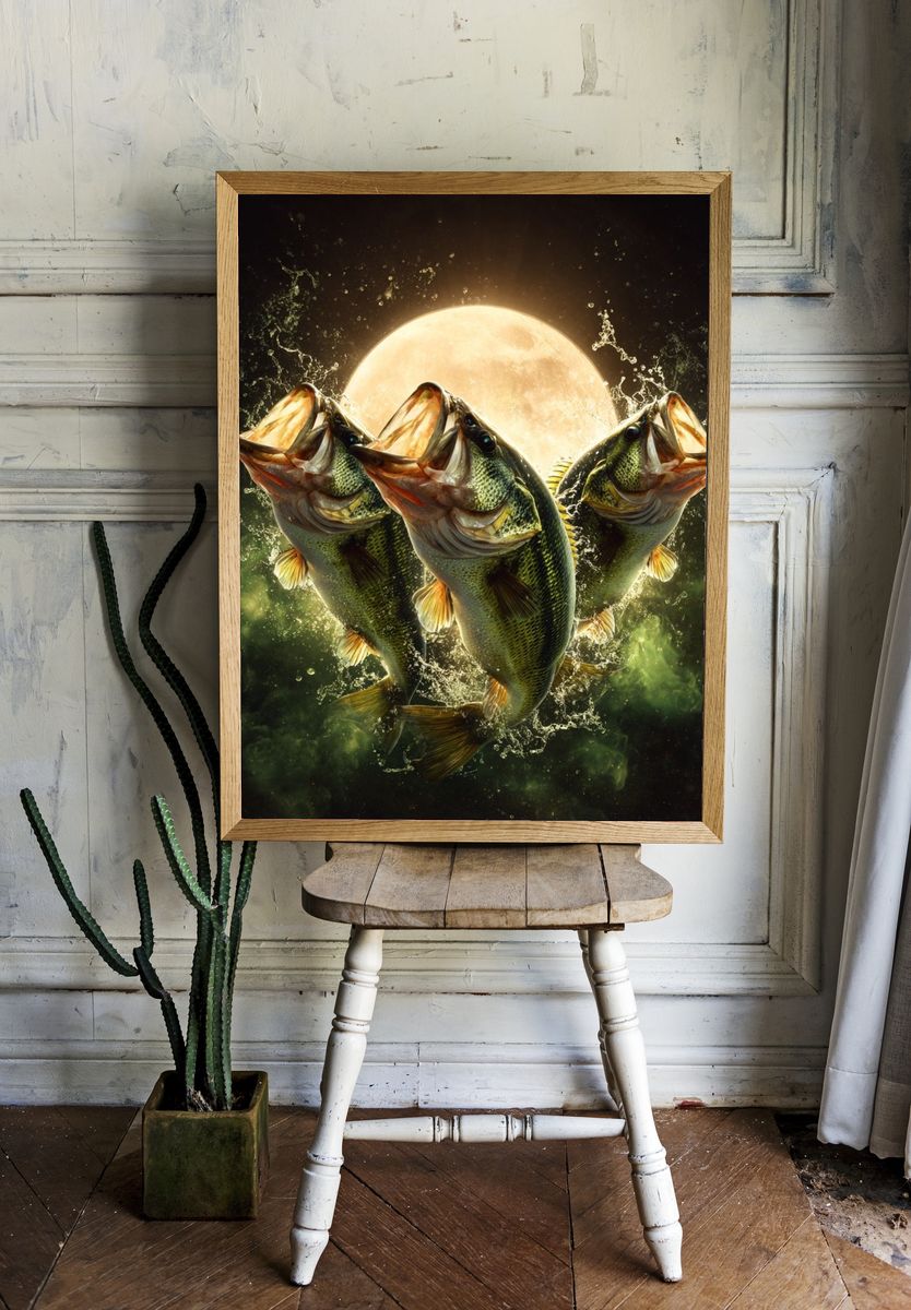 Jumping Bass Fish — Nature Print. — room view 1