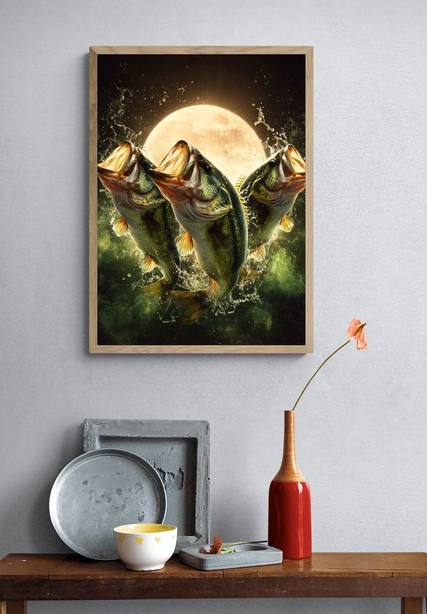 Jumping Bass Fish — Nature Print. — room view 3