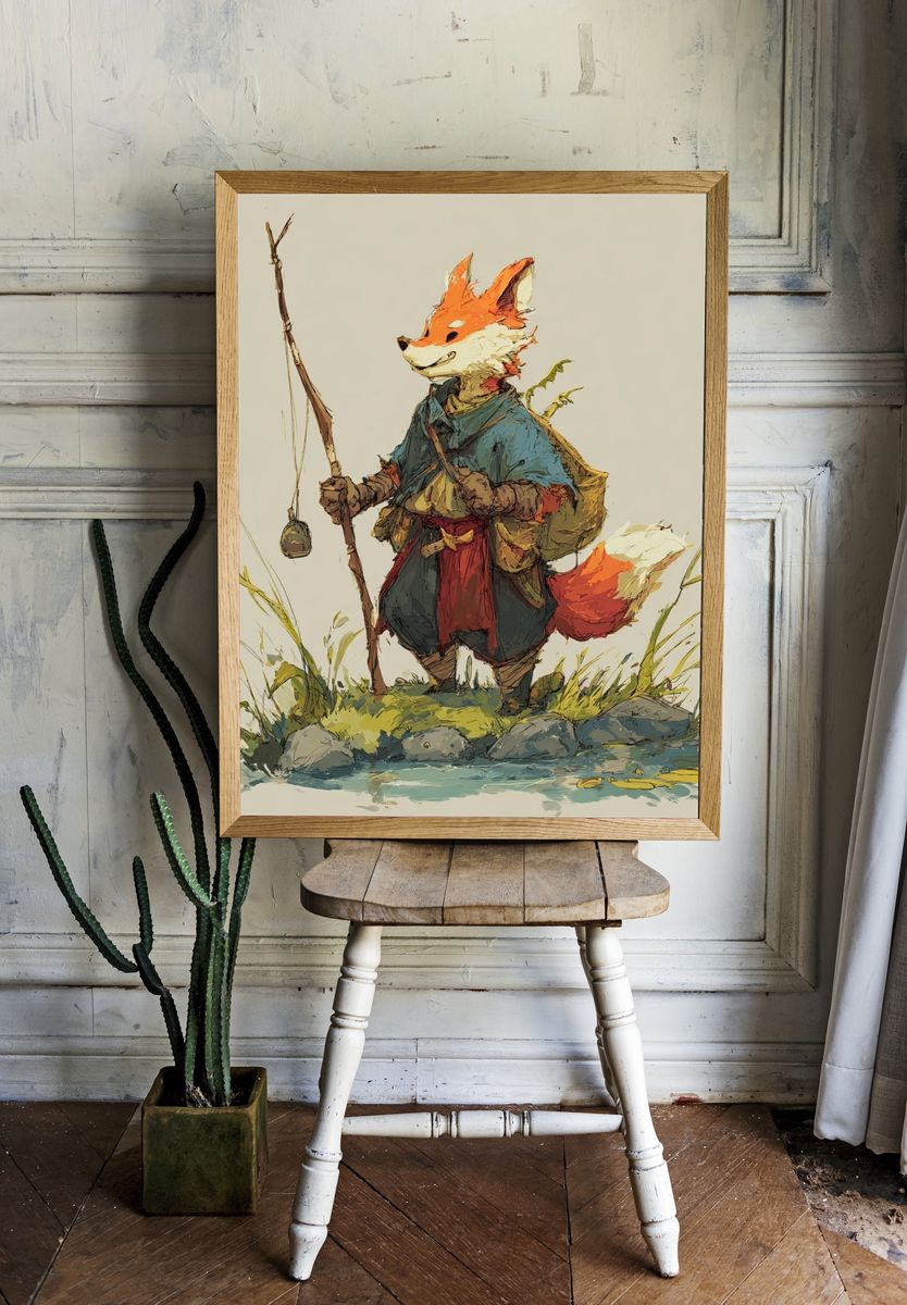 Fox Fisherman Illustration Poster. — room view 1