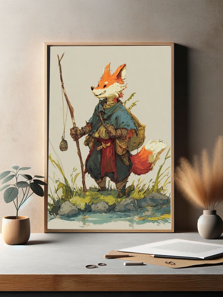 Fox Fisherman Illustration Poster. — room view 2