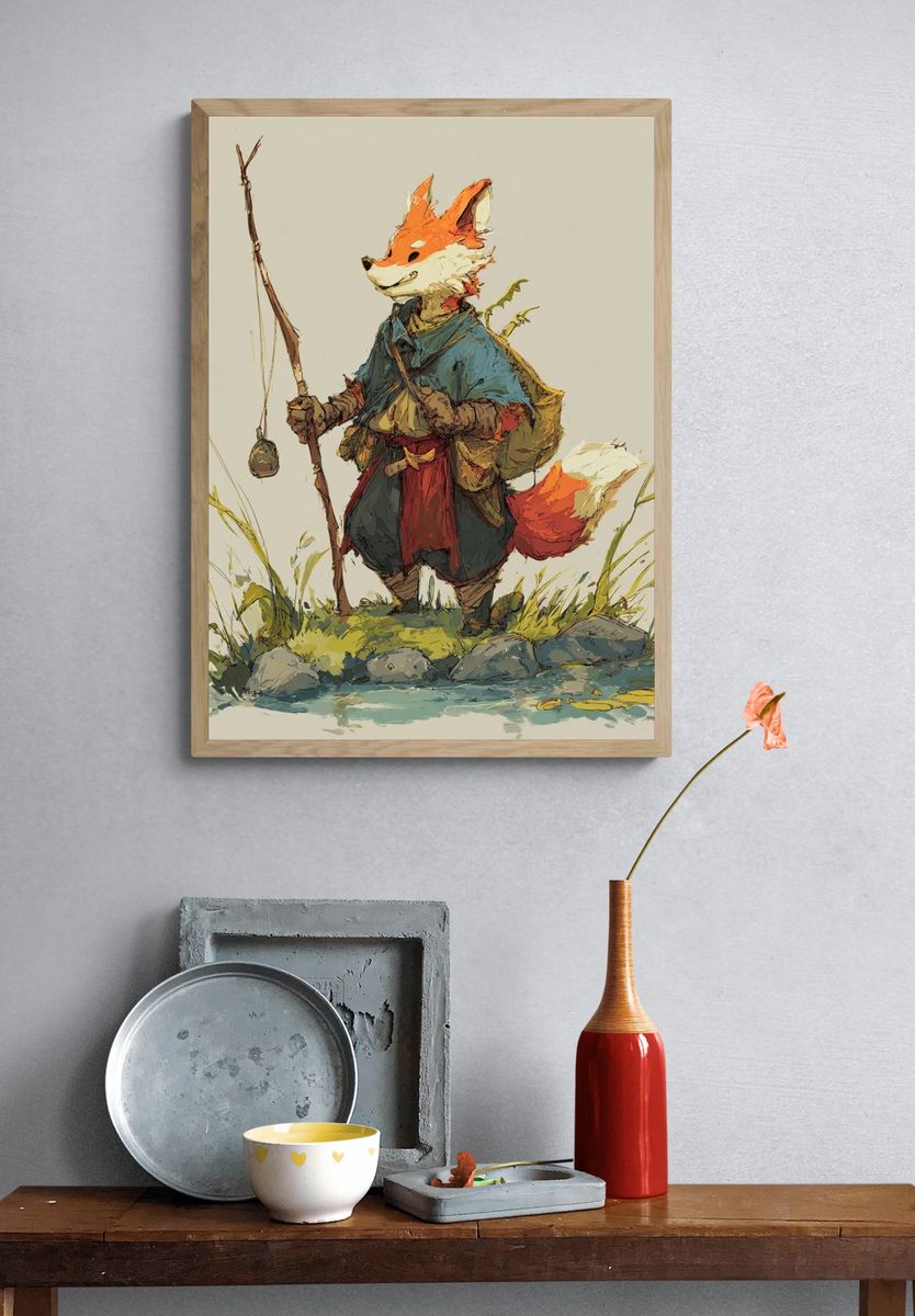 Fox Fisherman Illustration Poster. — room view 3