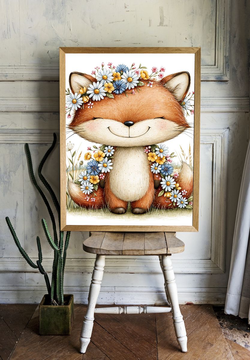 Floral Fox Watercolor Poster. — room view 1