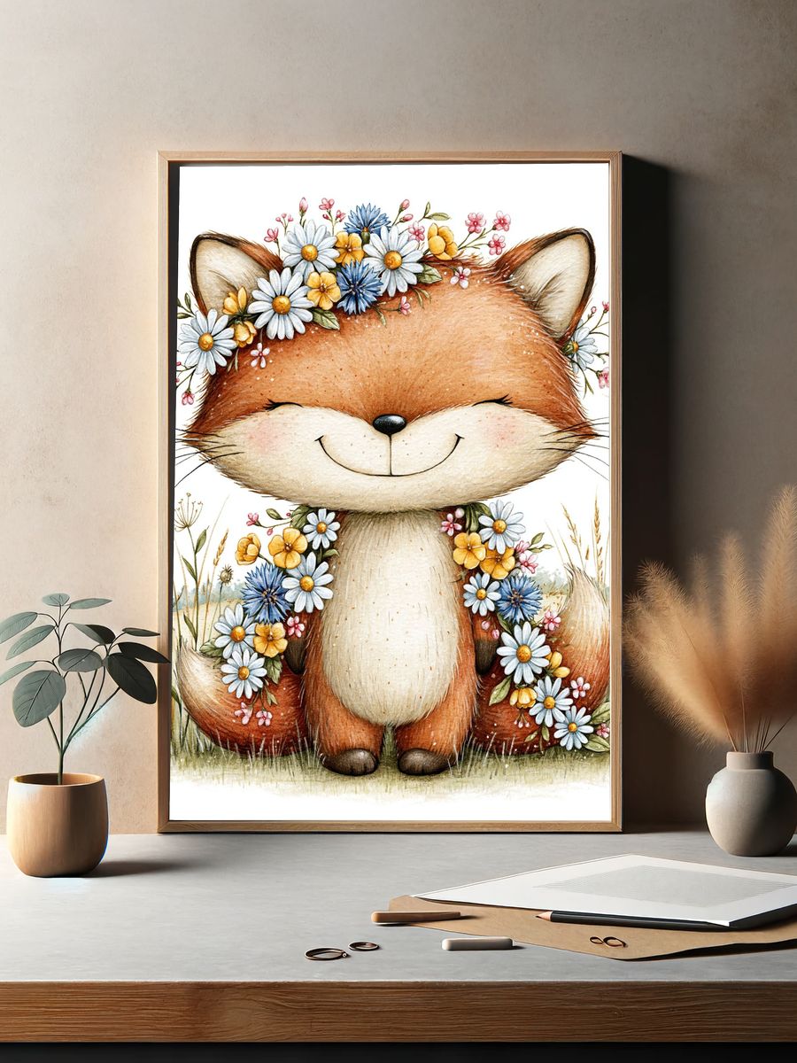 Floral Fox Watercolor Poster. — room view 2