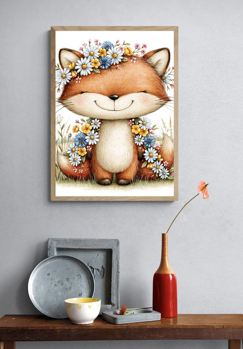 Floral Fox Watercolor Poster. — room view 3