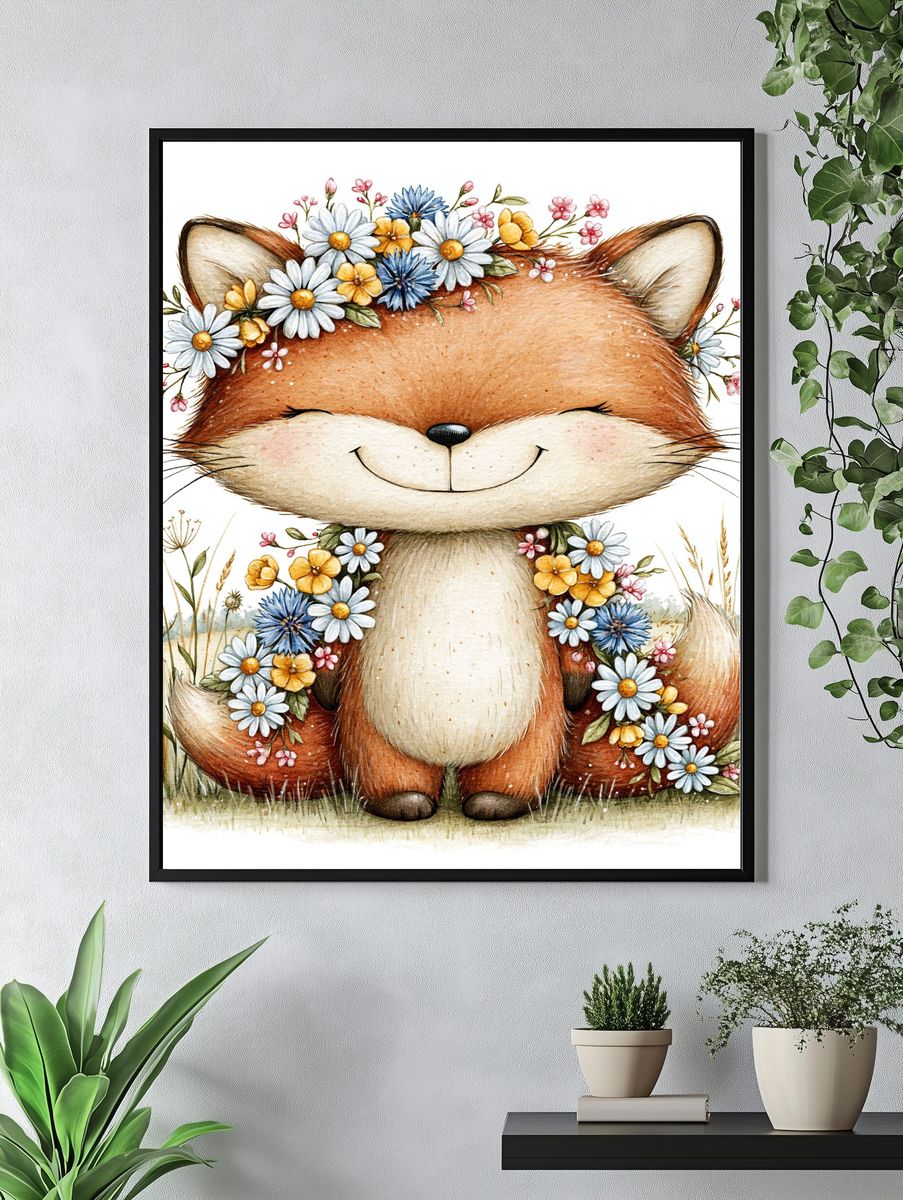 Floral Fox Watercolor Poster. — room view 4
