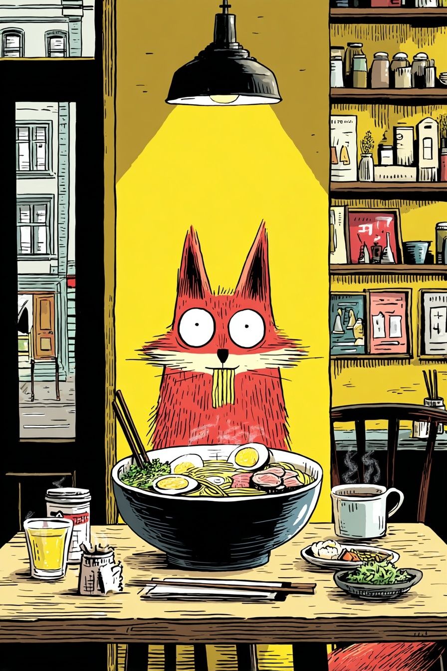 Fox Eating Ramen — Illustration Print. poster — illustration art