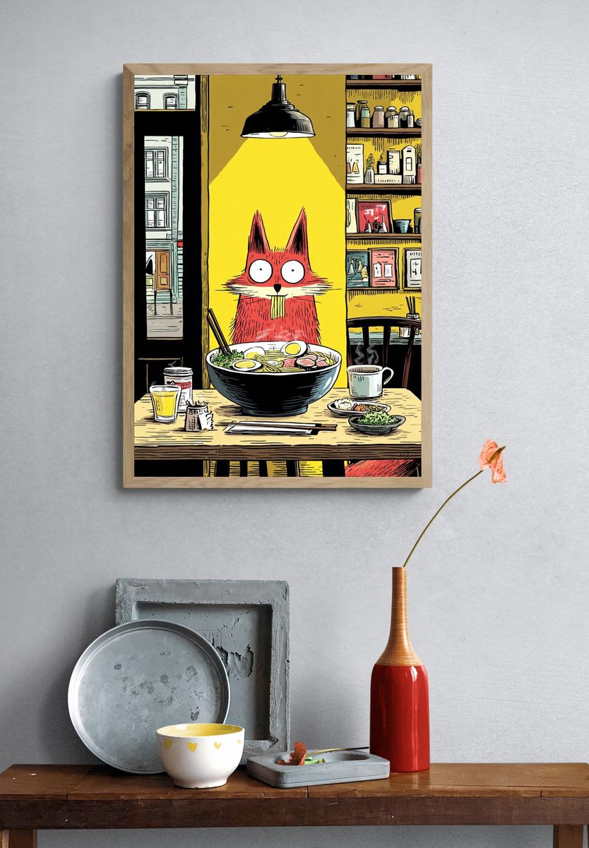 Fox Eating Ramen — Illustration Print. — room view 3