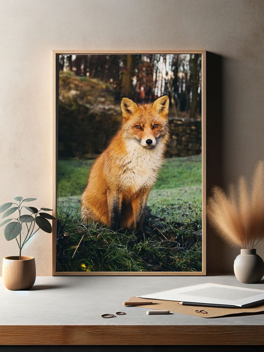 Brown fox sitting grass field. — room view 2