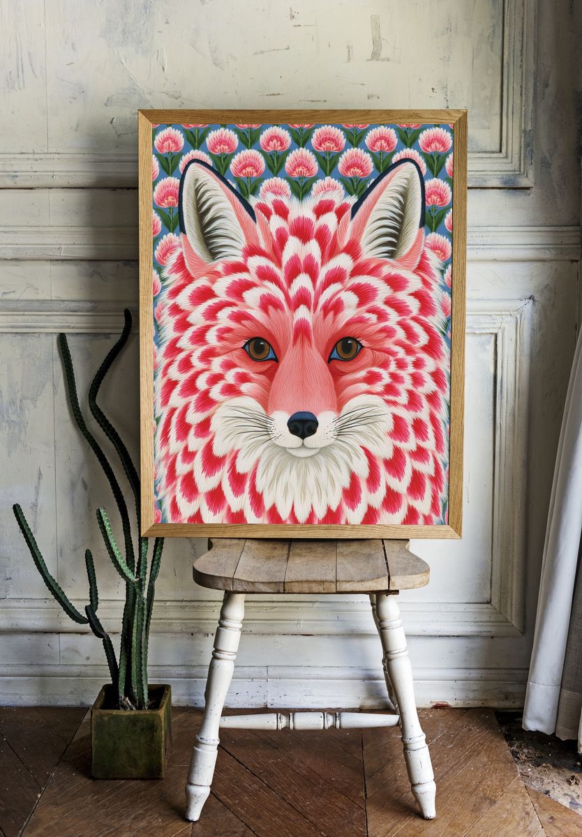 Pink Fox Floral Illustration Poster. room preview