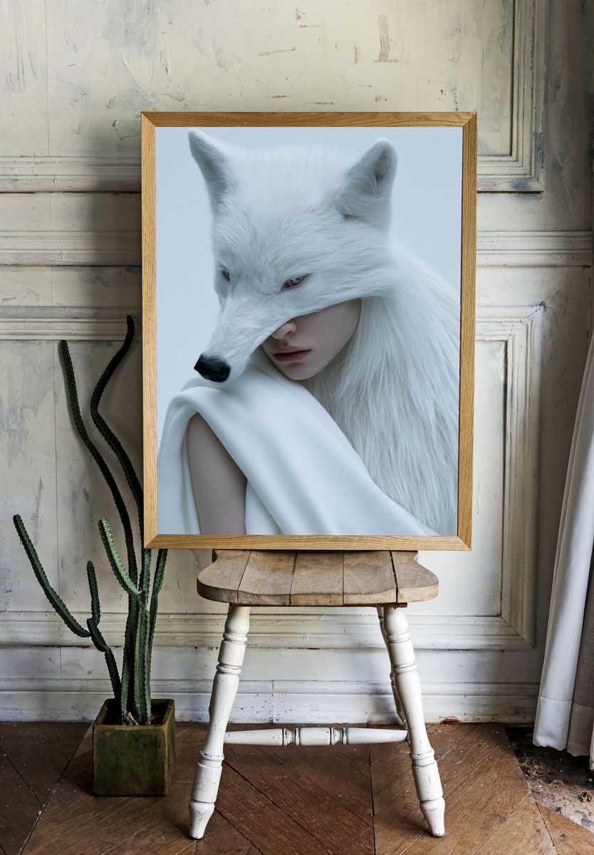 White Fox Portrait Print. room preview