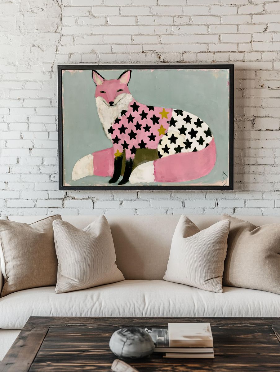 Pink Fox with Stars Illustration Poster. room preview