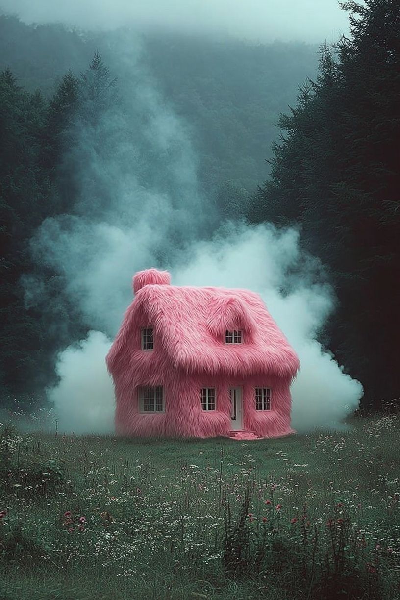 Fluffy Pink House — Surreal Print. poster — fine-art art