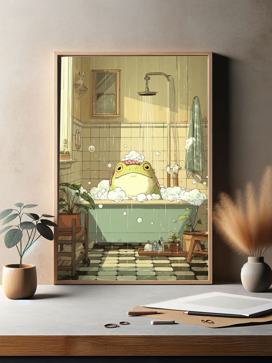Relaxing Frog in Bathtub — Illustration Print. — room view 2