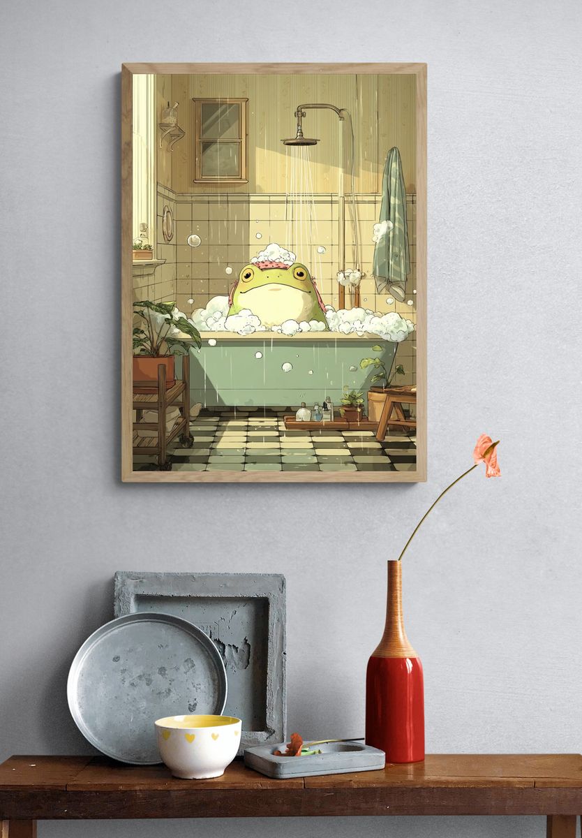 Relaxing Frog in Bathtub — Illustration Print. — room view 3
