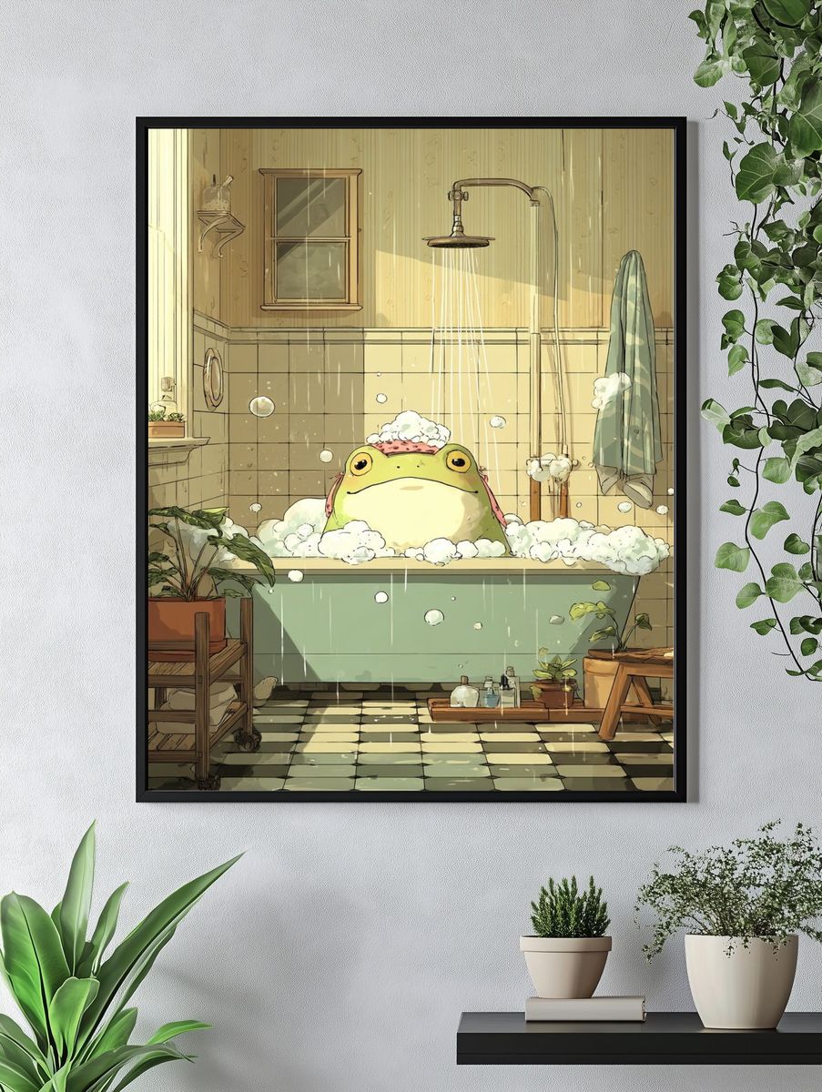 Relaxing Frog in Bathtub — Illustration Print. — room view 4
