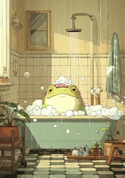 Relaxing Frog in Bathtub — Illustration Print. poster print