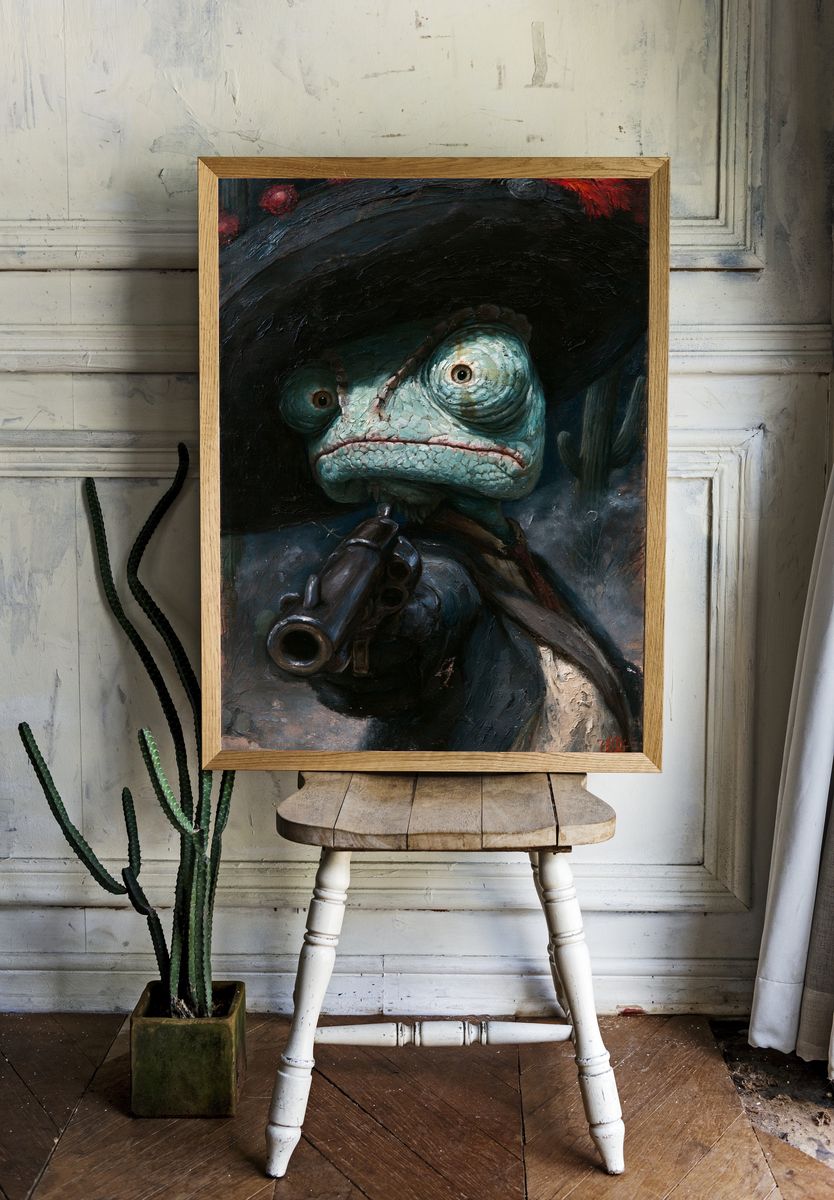 Frog Gunslinger Surrealism Print. room preview