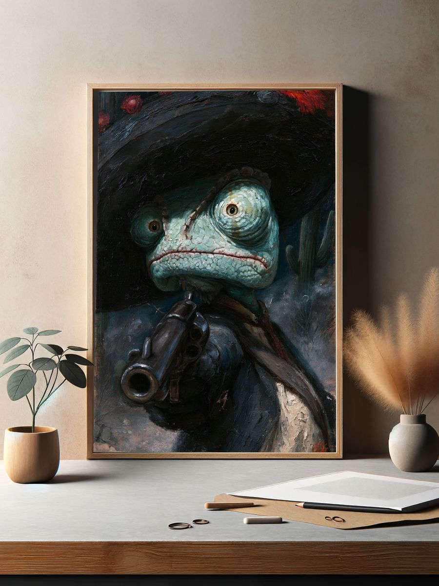 Frog Gunslinger Surrealism Print. — room view 2