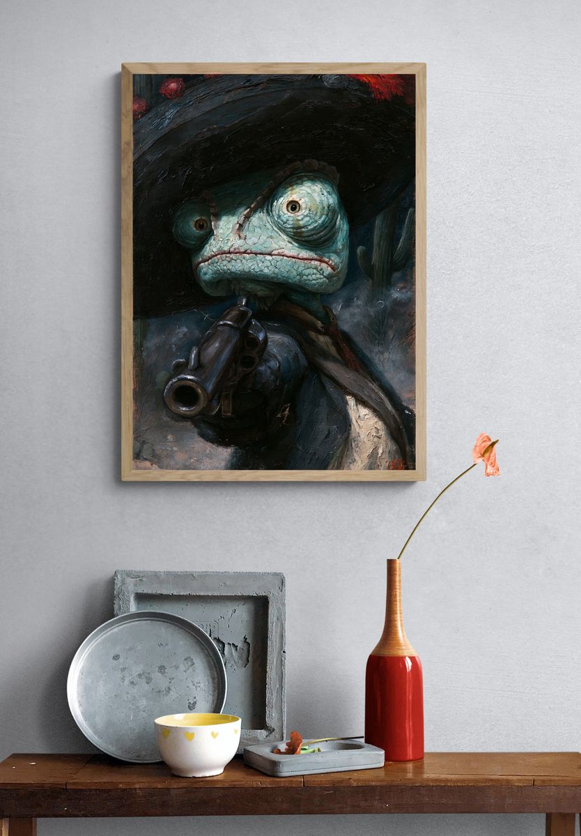 Frog Gunslinger Surrealism Print. — room view 3